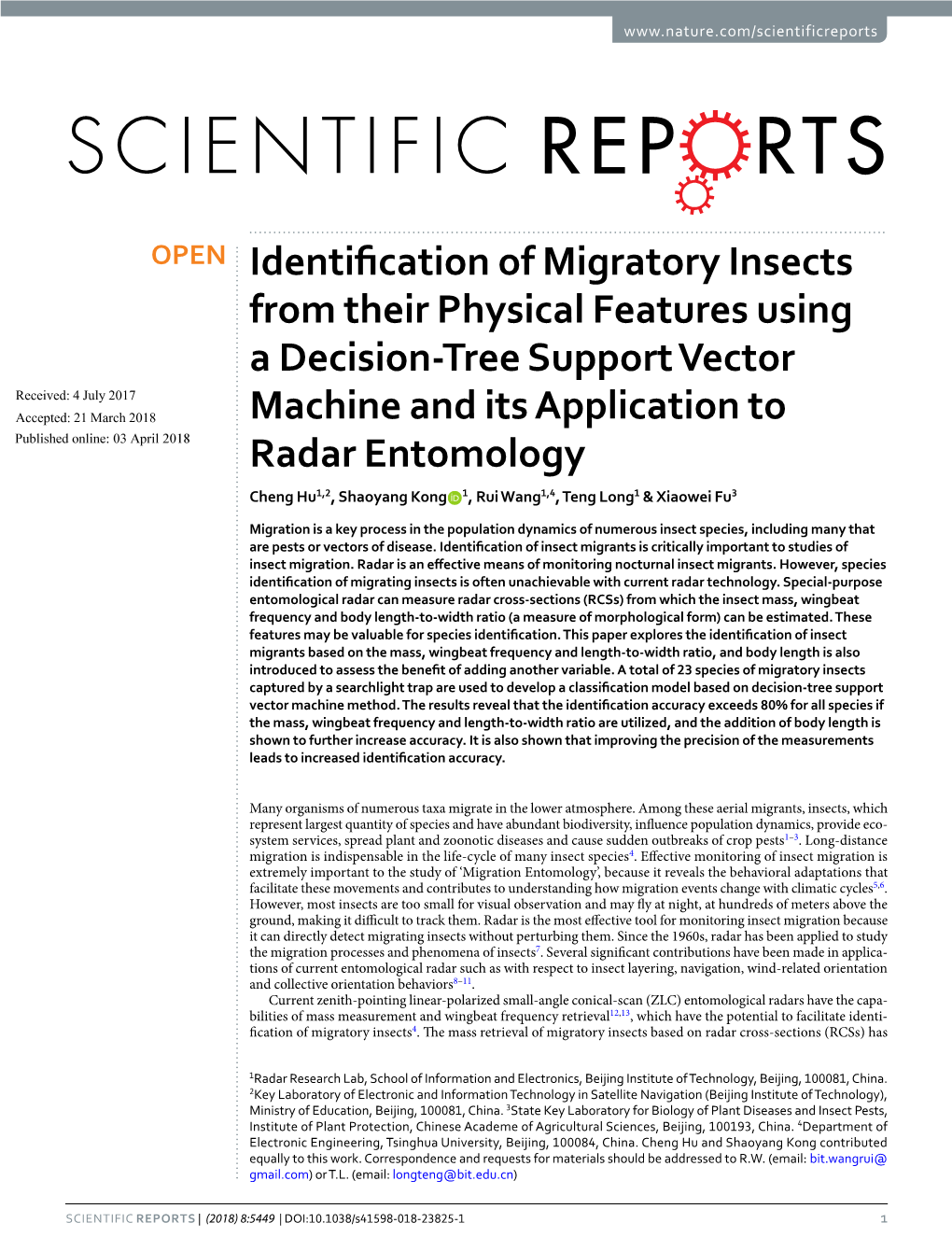 Identification of Migratory Insects from Their Physical Features Using A