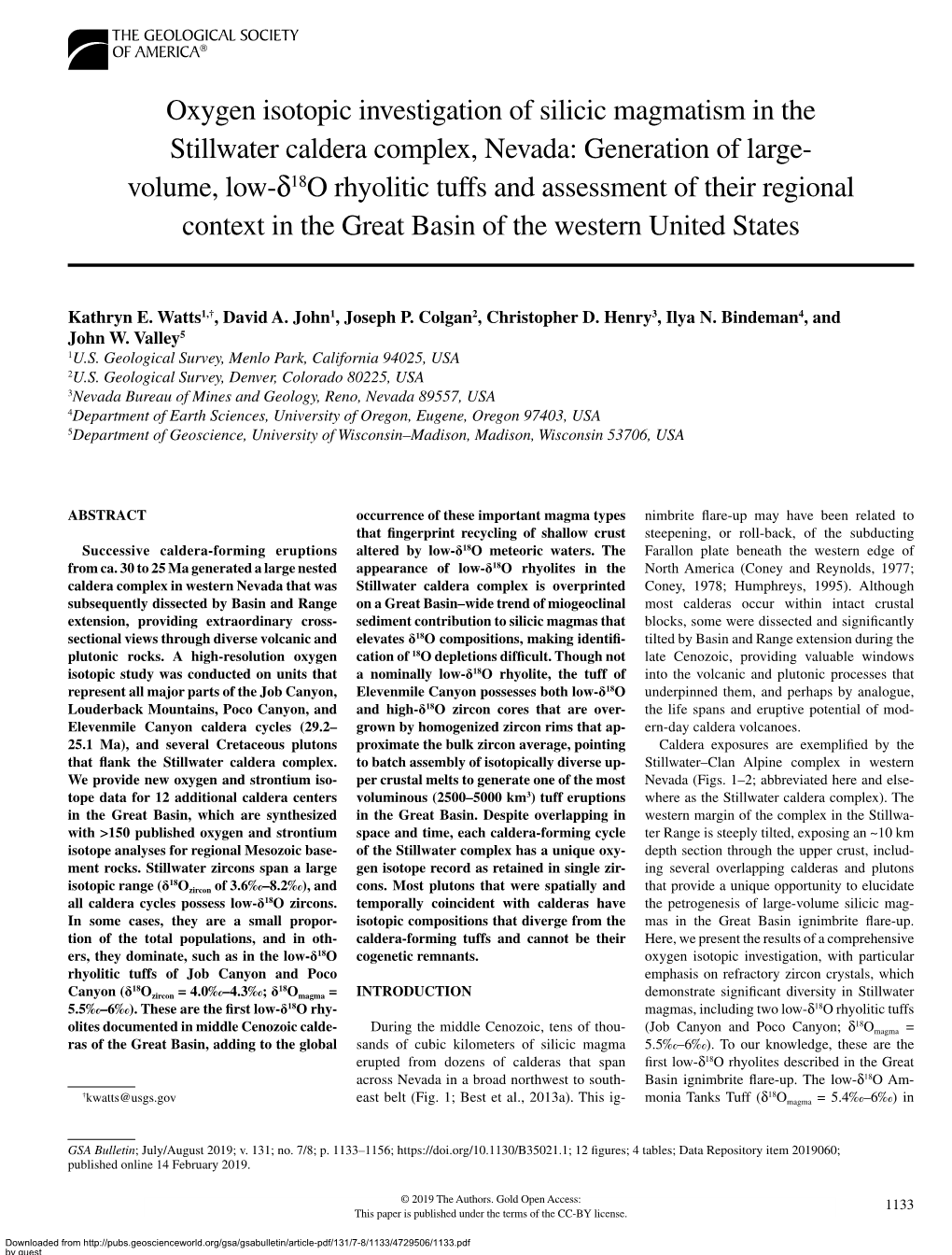 Oxygen Isotopic Investigation of Silicic Magmatism in the Stillwater Caldera Complex, Nevada