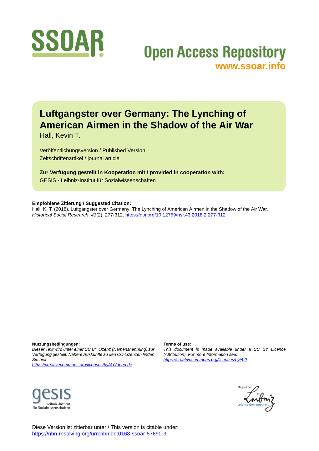 Luftgangster Over Germany: the Lynching of American Airmen in the Shadow of the Air War Hall, Kevin T