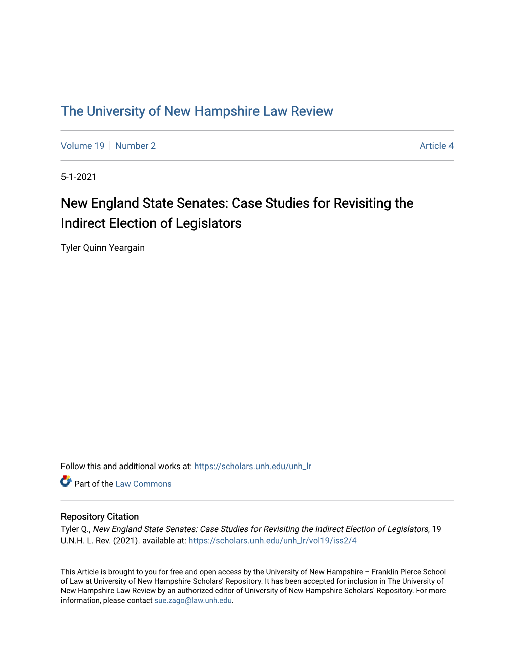 New England State Senates: Case Studies for Revisiting the Indirect Election of Legislators