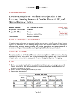 Revenue Recognition - Academic Year (Tuition & Fee Revenue, Housing Revenue & Credits, Financial Aid, and Stipend Expense) Policy