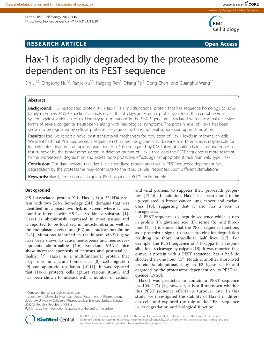 Hax-1 Is Rapidly Degraded by the Proteasome Dependent on Its PEST
