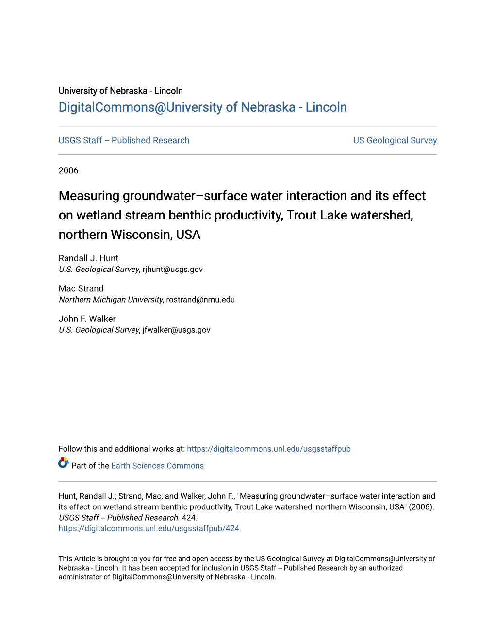 Measuring Groundwater–Surface Water Interaction and Its Effect on Wetland Stream Benthic Productivity, Trout Lake Watershed, Northern Wisconsin, USA