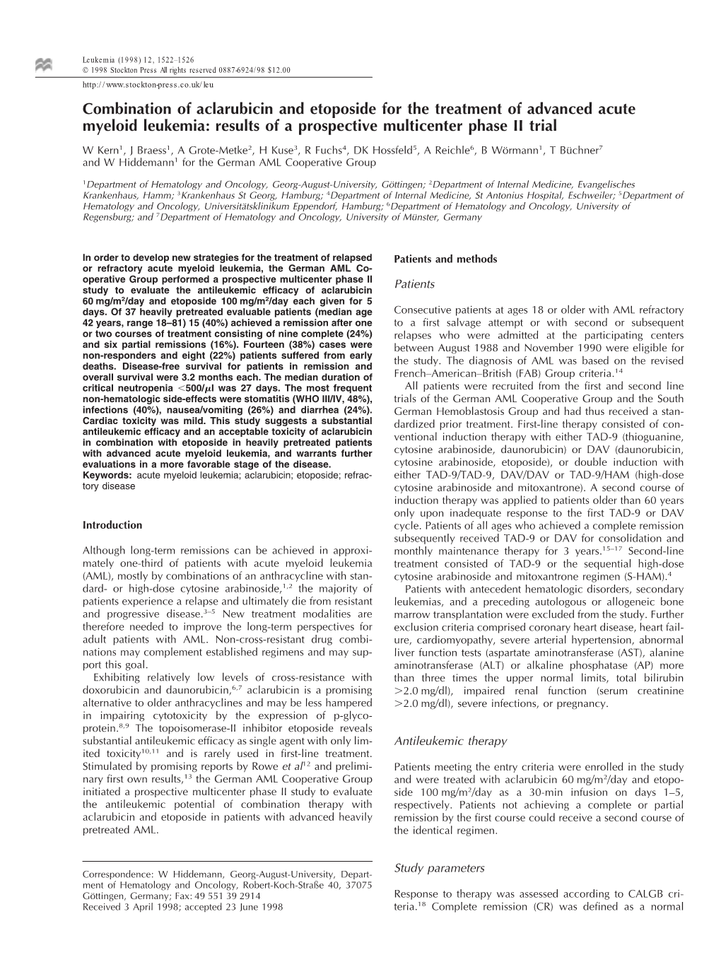 Combination of Aclarubicin and Etoposide for the Treatment of Advanced Acute Myeloid Leukemia: Results of a Prospective Multicenter Phase II Trial