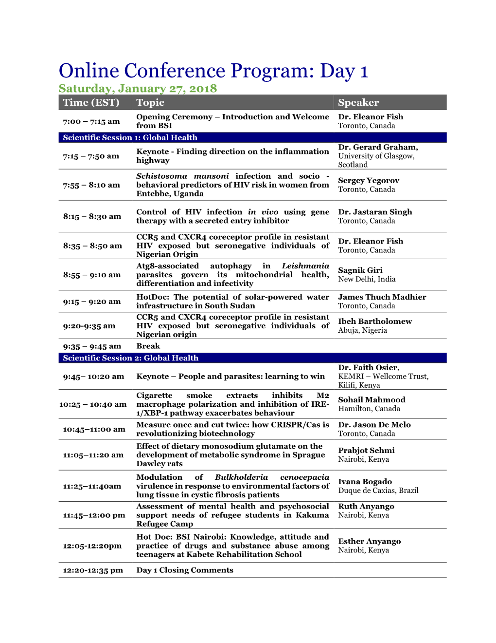 Online Conference Program: Day 1 Saturday, January 27, 2018 Time (EST) Topic Speaker Opening Ceremony – Introduction and Welcome Dr