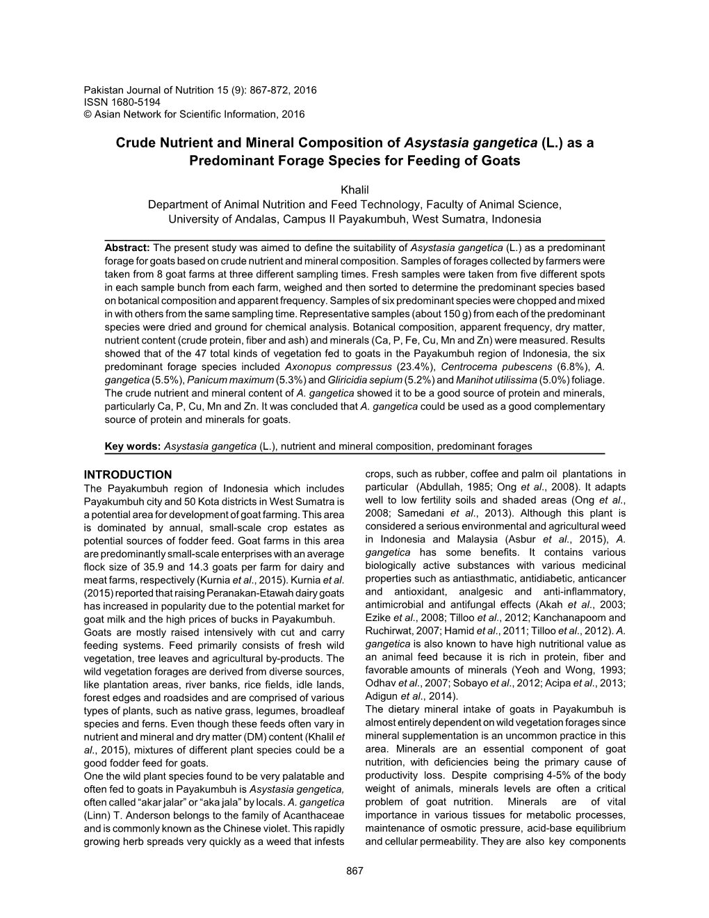 Crude Nutrient and Mineral Composition of Asystasia Gangetica (L.) As a Predominant Forage Species for Feeding of Goats