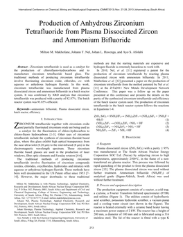 Production of Anhydrous Zirconium Tetrafluoride from Plasma Dissociated Zircon and Ammonium Bifluoride