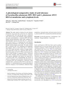 A Physiological Comparative Study of Acid Tolerance of Lactobacillus Plantarum ZDY 2013 and L