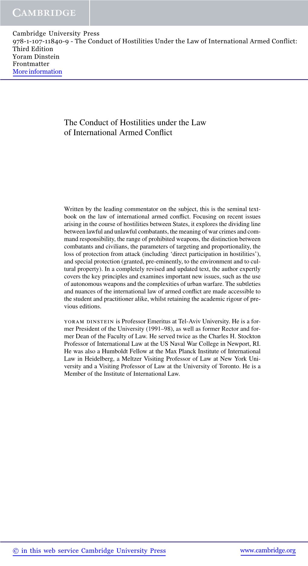 The Conduct of Hostilities Under the Law of International Armed Conflict: Third Edition Yoram Dinstein Frontmatter More Information