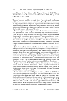 Religious Tolerance in World Religions (West Conshohocken, PA: Templeton Foundation Press, 2008), 396 Pp., ISBN 978-1-59947-136-5, $39.95