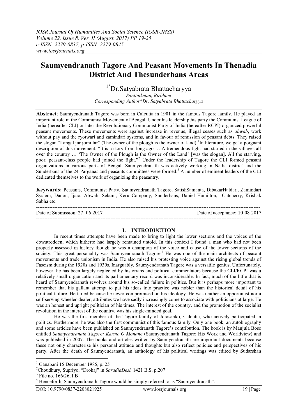 Saumyendranath Tagore and Peasant Movements in Thenadia District and Thesunderbans Areas
