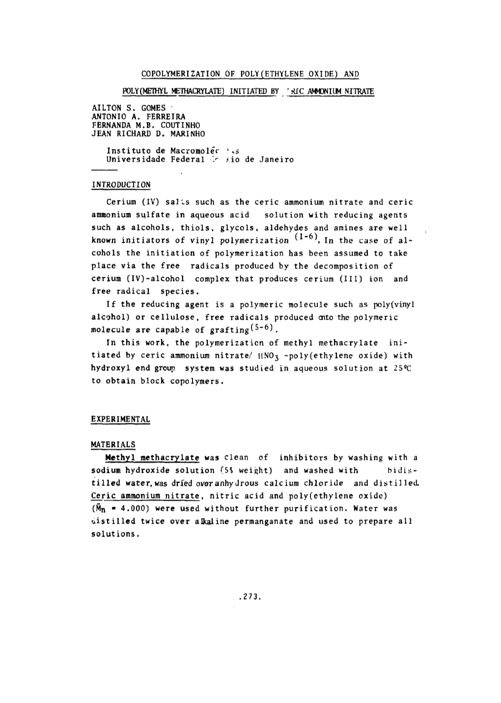 Copolymerization of Poly(Ethylene Oxide) And