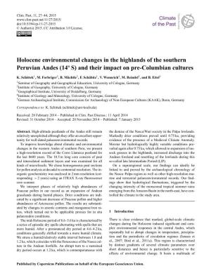 Holocene Environmental Changes in the Highlands of the Southern Peruvian Andes (14◦ S) and Their Impact on Pre-Columbian Cultures