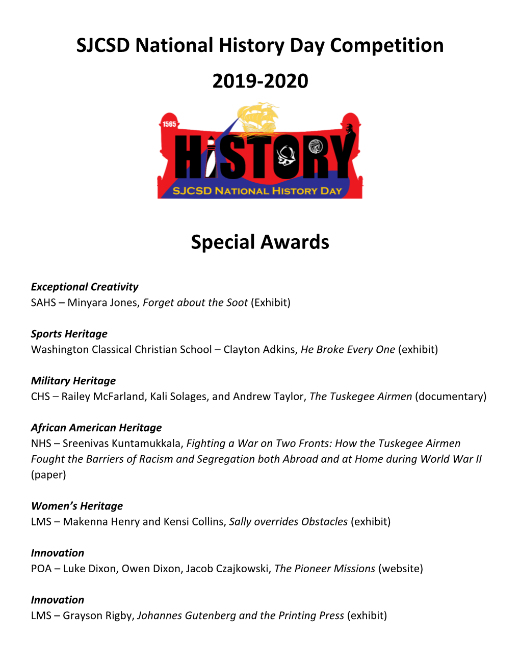 National History Day 2019-2020 District Winners