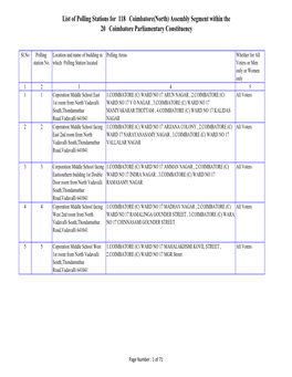 List of Polling Stations for 118 Coimbatore(North) Assembly Segment Within the 20 Coimbatore Parliamentary Constituency