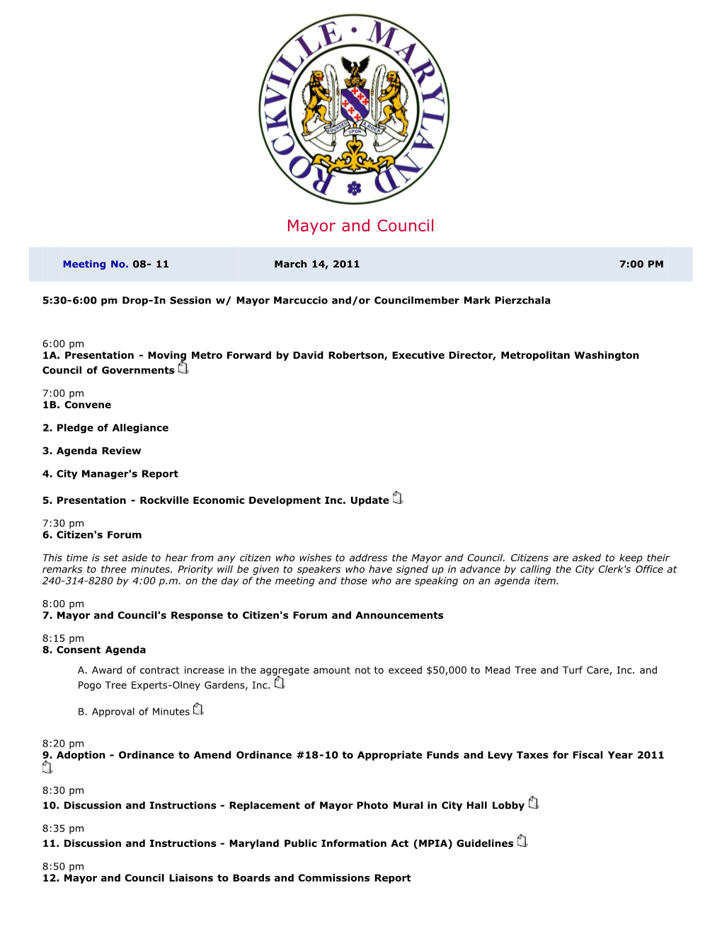 Agenda for March 14, 2011