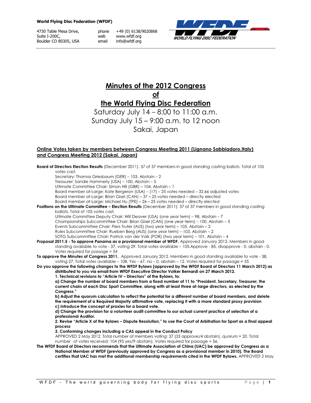 2012 WFDF Congress Minutes