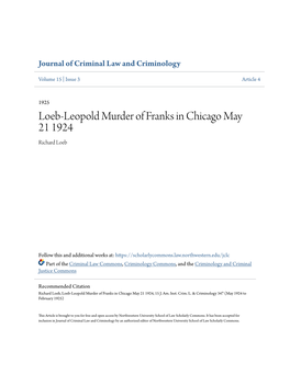 Loeb-Leopold Murder of Franks in Chicago May 21 1924 Richard Loeb