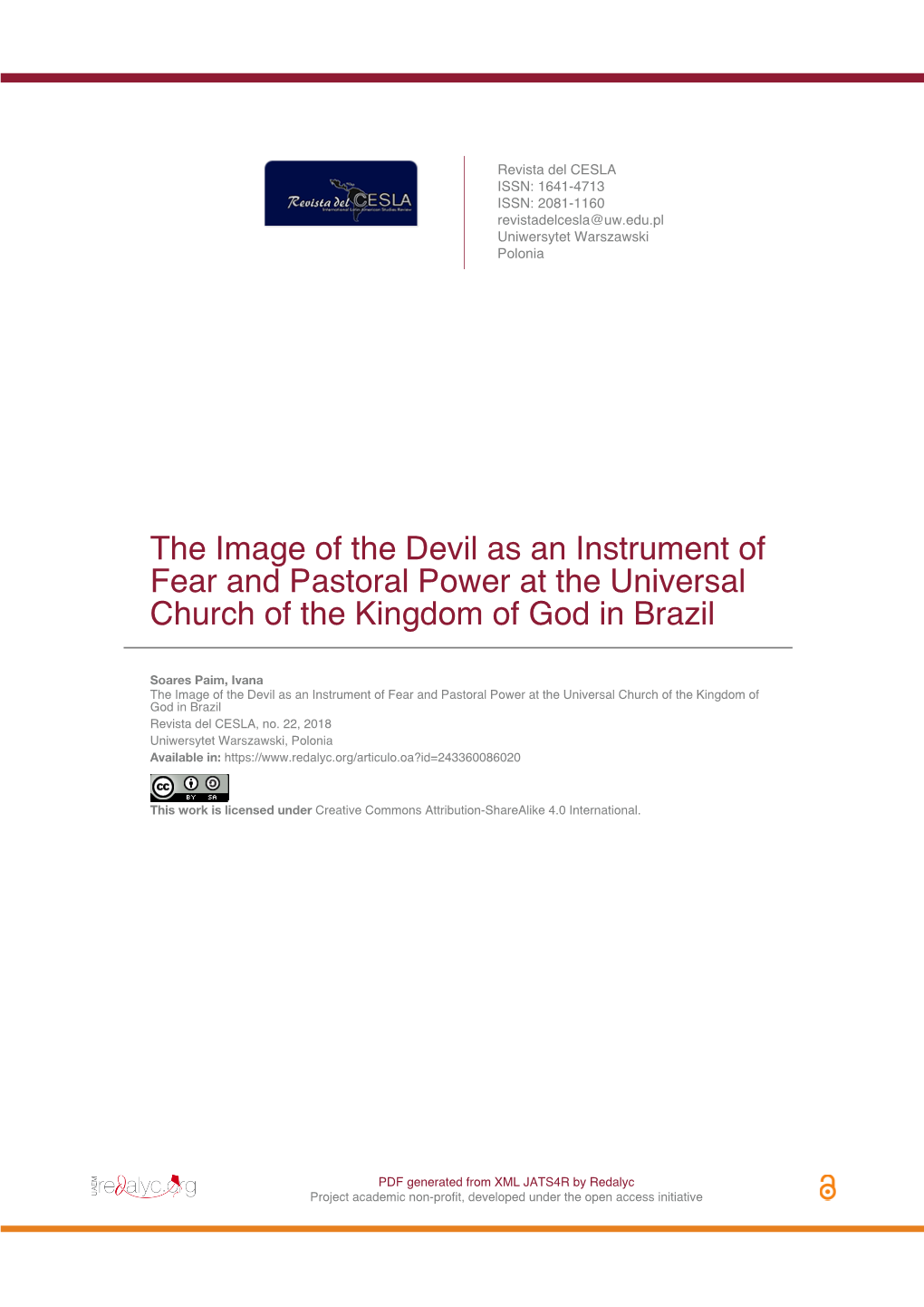 The Image of the Devil As an Instrument of Fear and Pastoral Power at the Universal Church of the Kingdom of God in Brazil