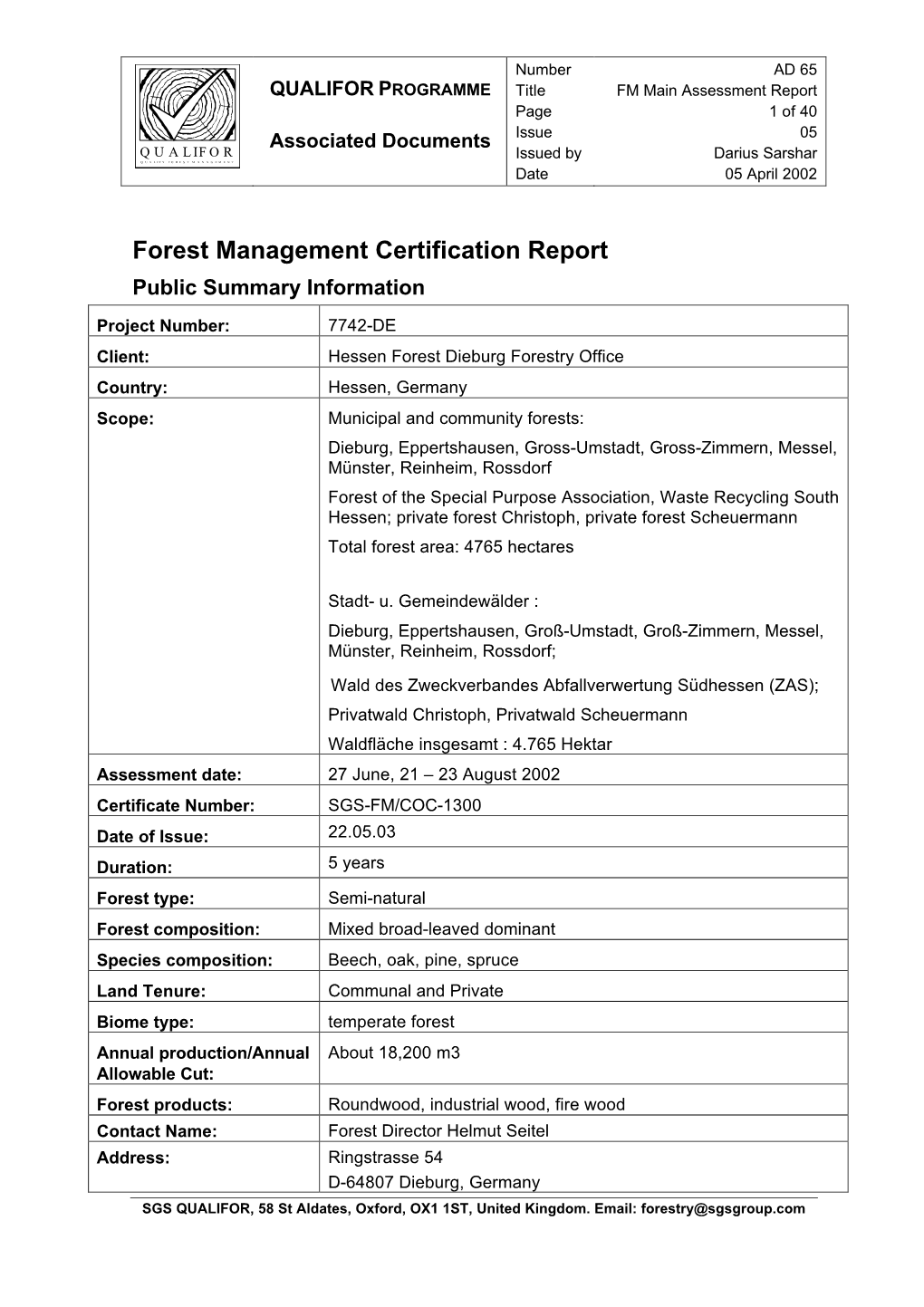 Forest Management Certification Report Public Summary Information