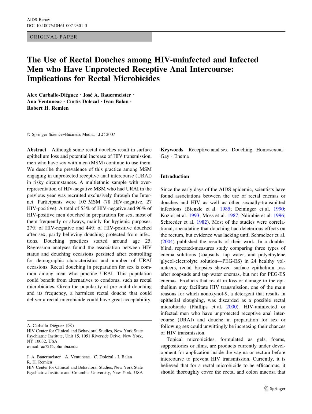 The Use of Rectal Douches Among HIV-Uninfected and Infected Men Who Have Unprotected Receptive Anal Intercourse: Implications for Rectal Microbicides