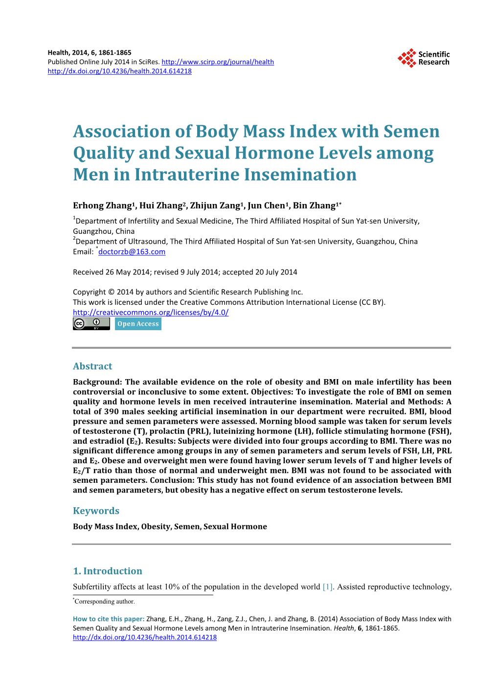 Association Of Body Mass Index With Semen Quality And Sexual Hormone