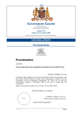 Government Gazette of the STATE of NEW SOUTH WALES Number 237 Friday,New 29 Southnovember Wales 2002 Published Under Authority by the Government Printing Service