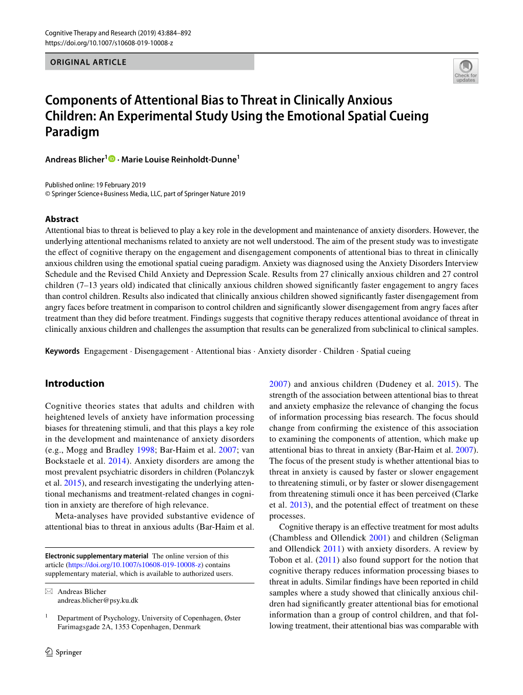 Components of Attentional Bias to Threat in Clinically Anxious Children: an Experimental Study Using the Emotional Spatial Cueing Paradigm