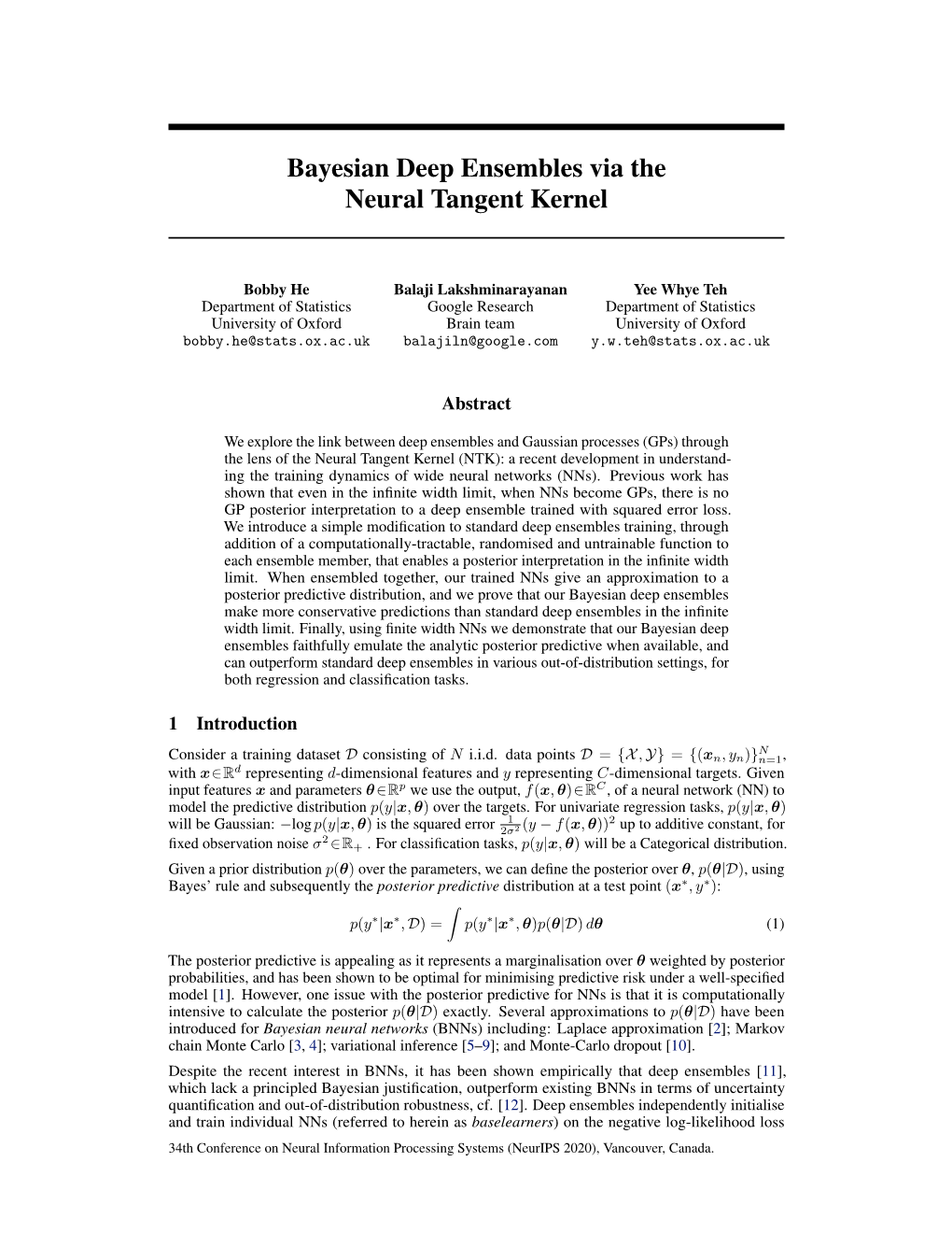 Bayesian Deep Ensembles Via the Neural Tangent Kernel