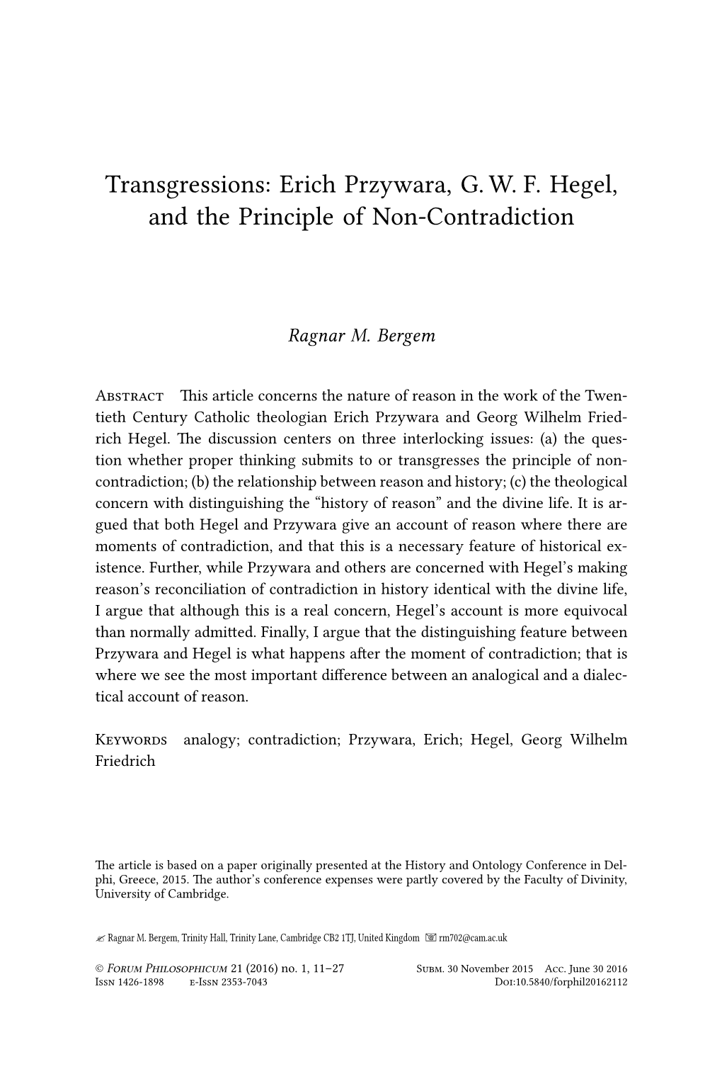 Erich Przywara, G. W. F. Hegel, and the Principle of Non-Contradiction