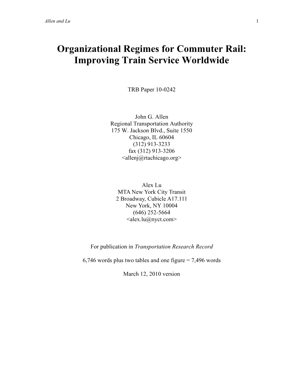 Organizational Regimes for Commuter Rail: Improving Train Service Worldwide