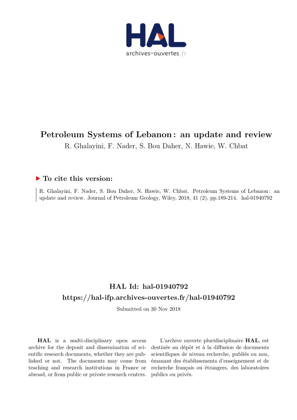 Petroleum Systems of Lebanon : an Update and Review R