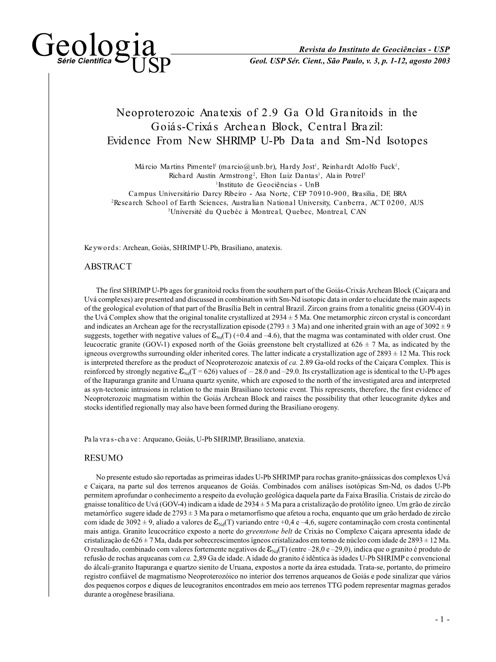 Geologia Revista Do Instituto De Geociências - USP Série Científica USP Geol