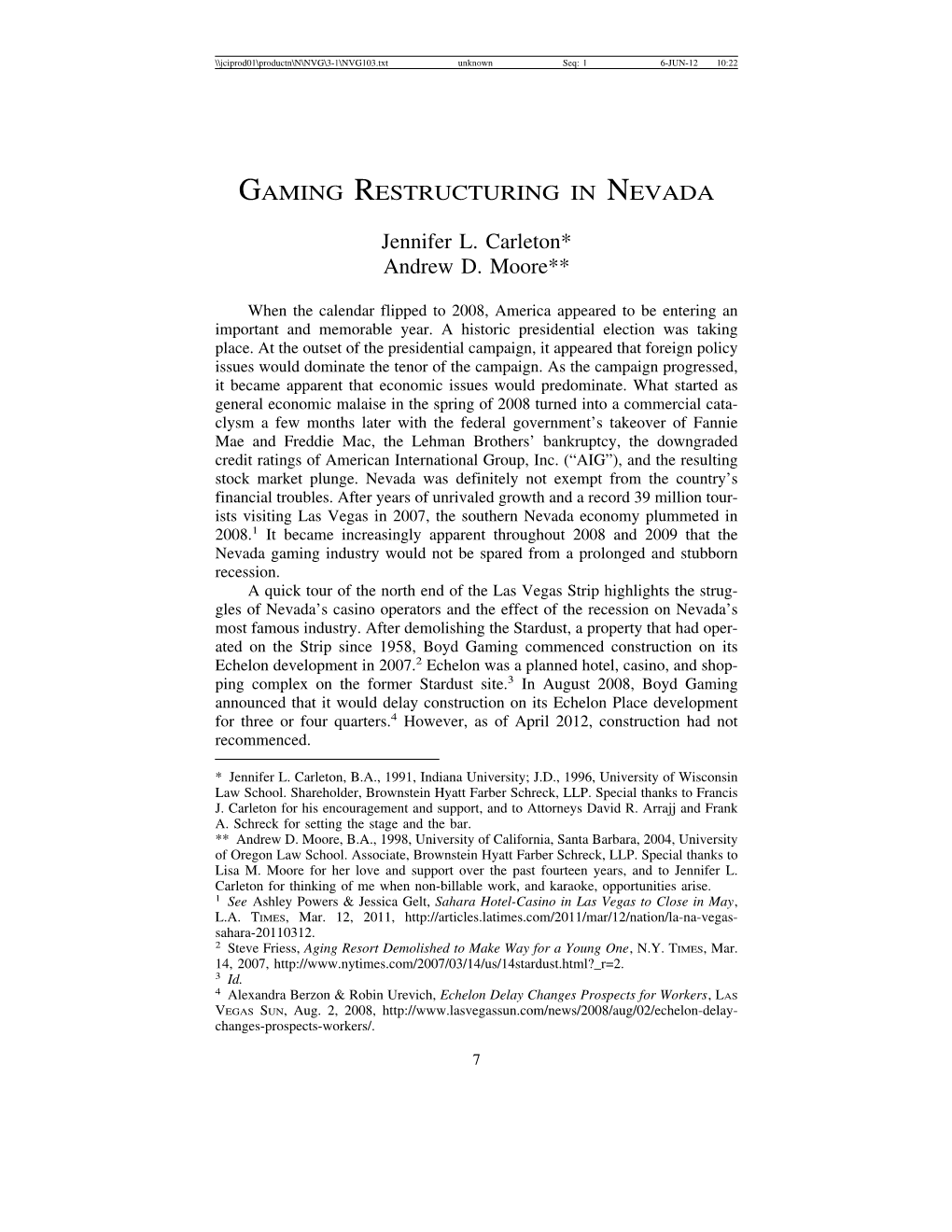 Gaming Restructuring in Nevada