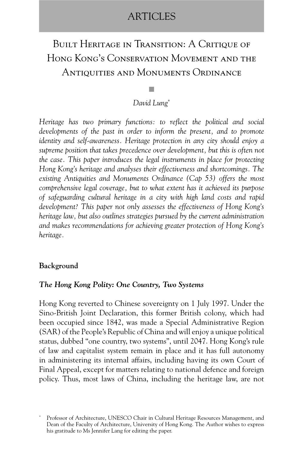 Built Heritage in Transition: a Critique of Hong Kong's Conservation