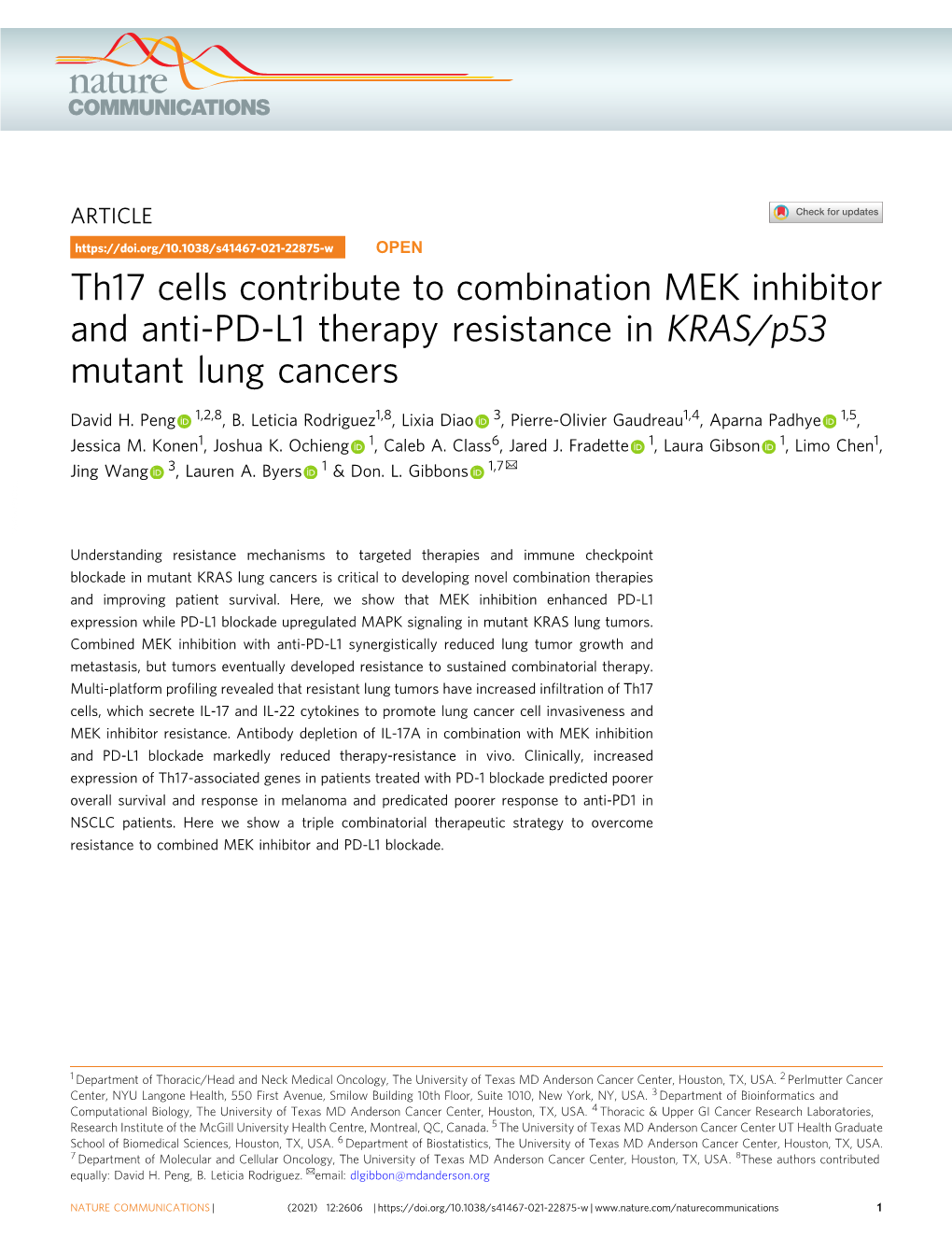 Th17 Cells Contribute to Combination MEK Inhibitor and Anti-PD-L1 Therapy Resistance in KRAS/P53 Mutant Lung Cancers