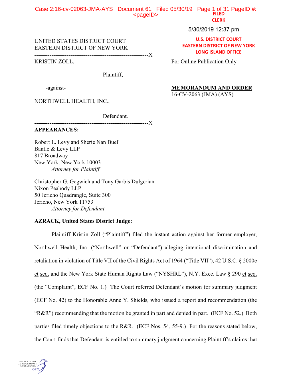 Case 2:16-Cv-02063-JMA-AYS Document 61 Filed 05/30/19 Page