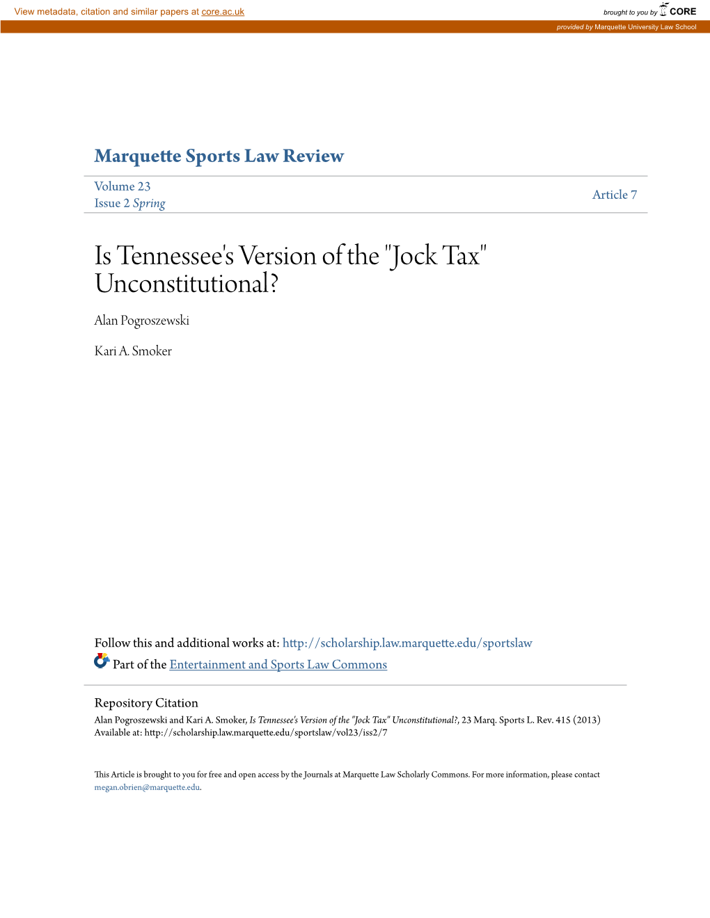 Is Tennessee's Version of the "Jock Tax" Unconstitutional? Alan Pogroszewski