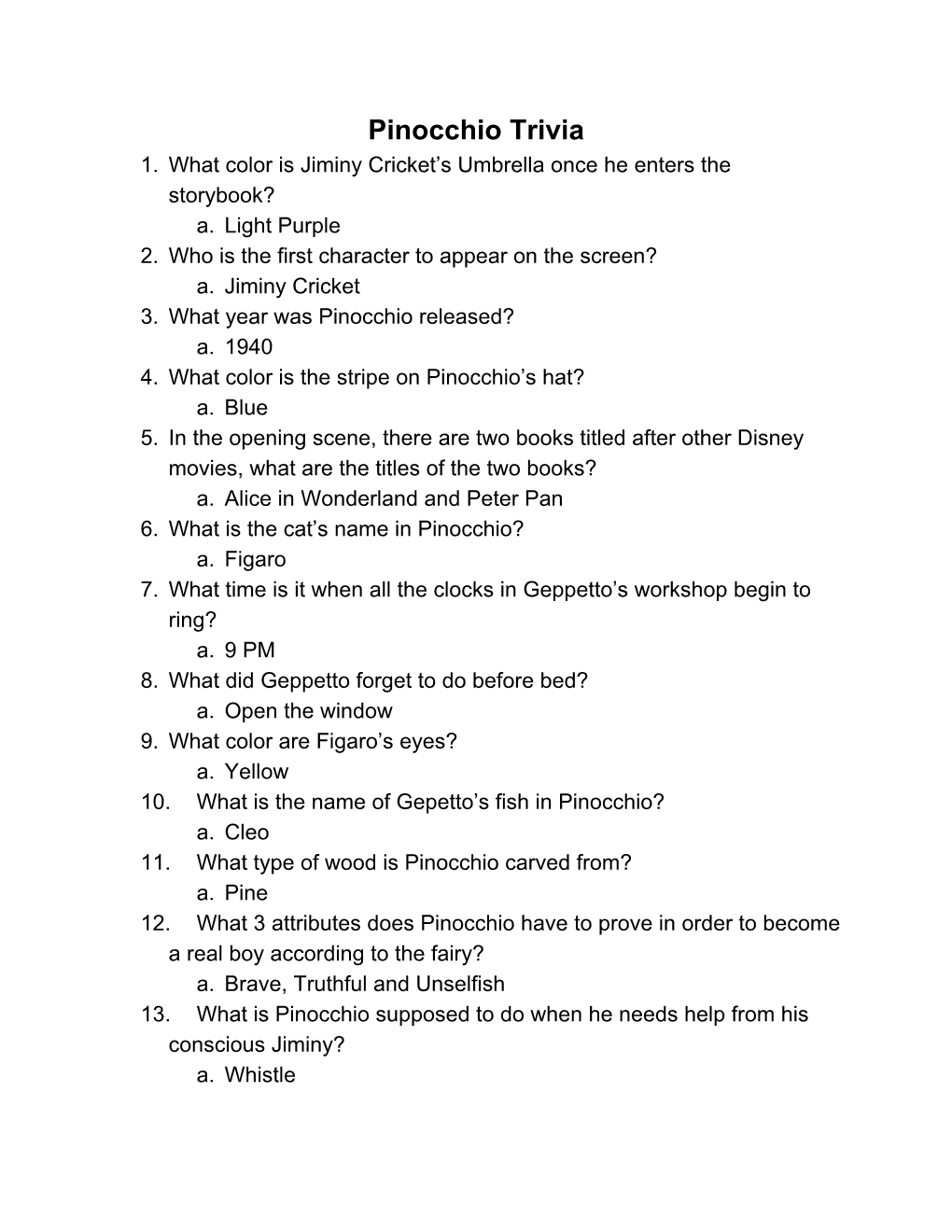 Pinocchio Trivia Printable