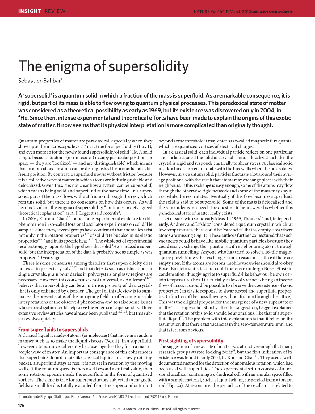 The Enigma of Supersolidity Sebastien Balibar1