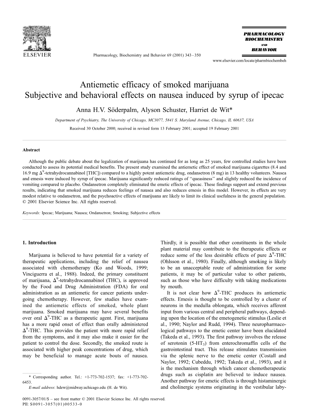 Antiemetic Efficacy of Smoked Marijuana Subjective and Behavioral Effects on Nausea Induced by Syrup of Ipecac