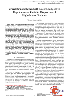 Correlations Between Self-Esteem, Subjective Happiness and Grateful Disposition of High-School Students