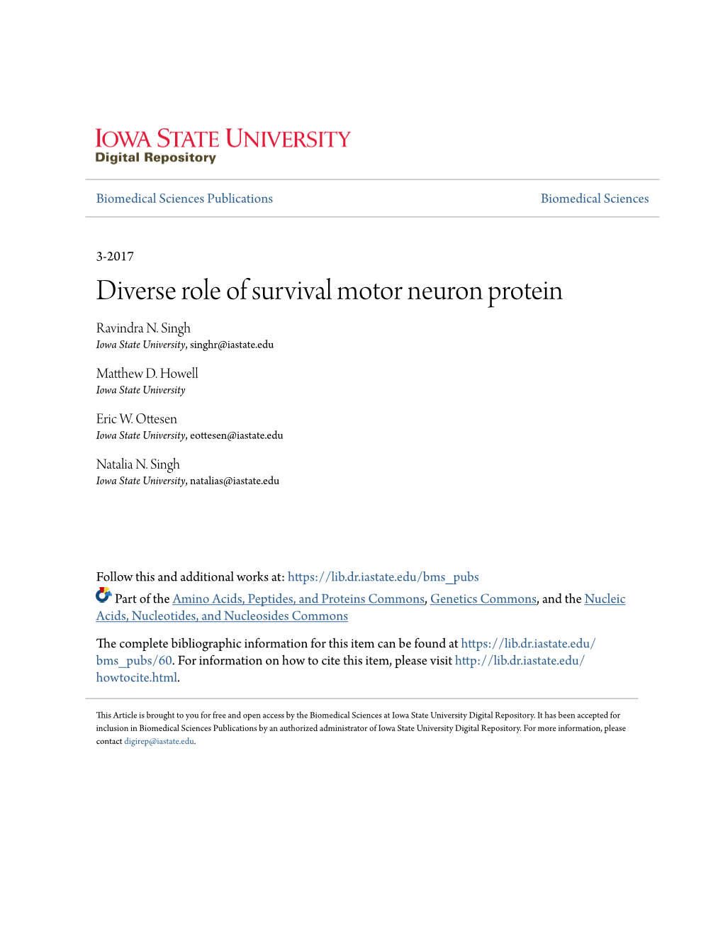 Diverse Role of Survival Motor Neuron Protein Ravindra N