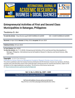 Entrepreneurial Activities of First and Second Class Municipalities in Batangas, Philippines