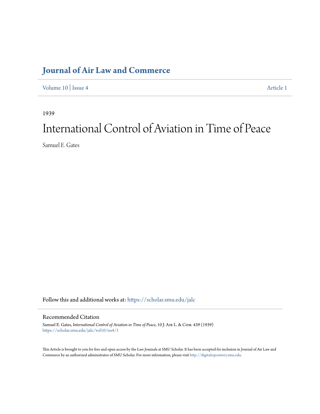 International Control of Aviation in Time of Peace Samuel E