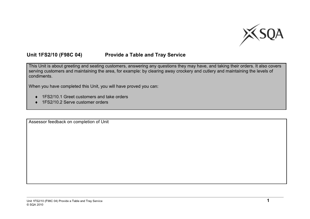 Unit 1FS2/10 (F98C 04) Provide a Table and Tray Service