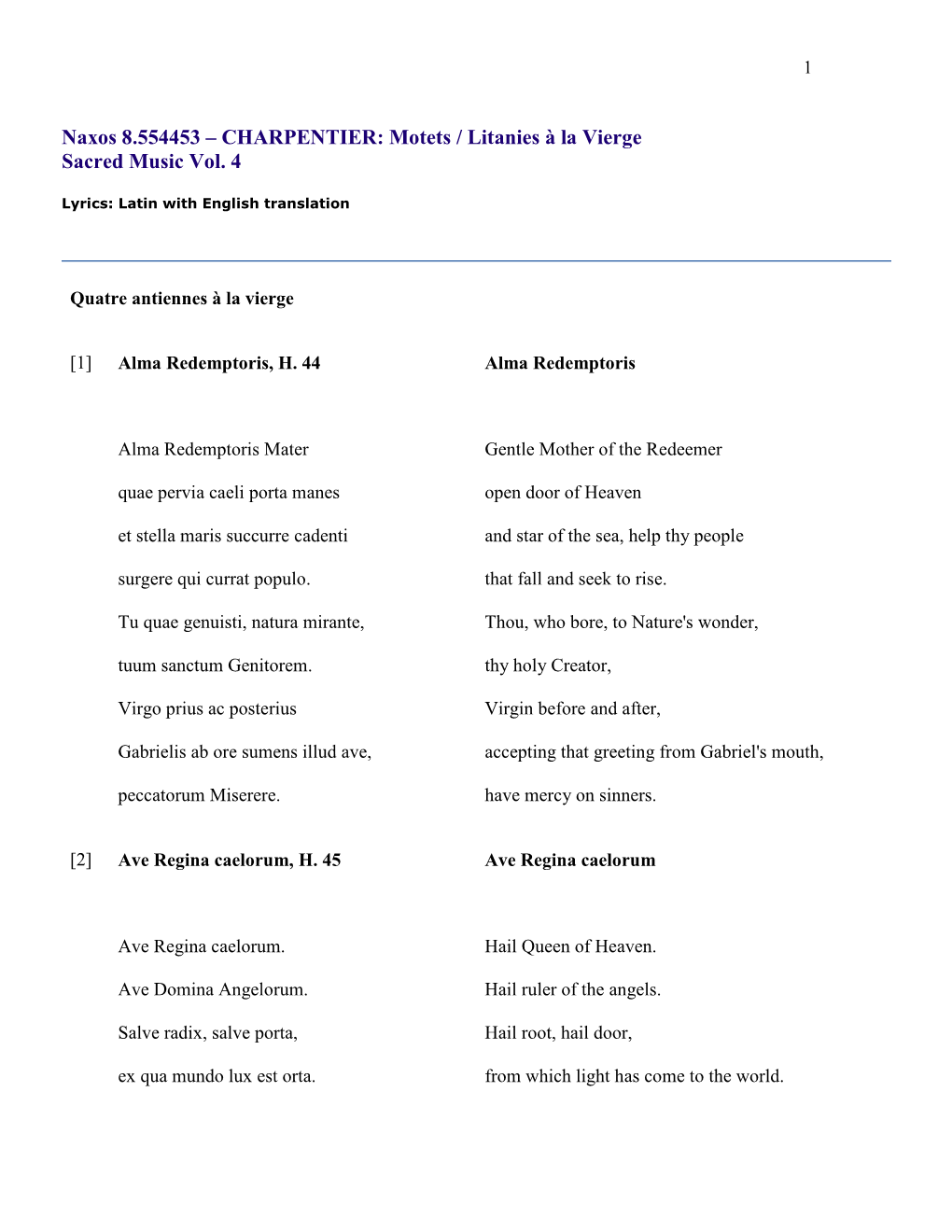 Naxos 8.554453 – CHARPENTIER: Motets / Litanies À La Vierge Sacred Music Vol. 4