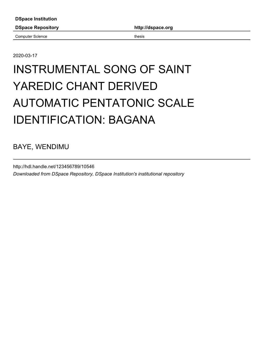 Instrumental Song of Saint Yaredic Chant Derived Automatic Pentatonic Scale Identification: Bagana