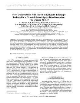 First Observations with the 64-M Kalyazin Telescope Included in a Ground-Basedðspace Interferometer: the Quasar 3C 147 V