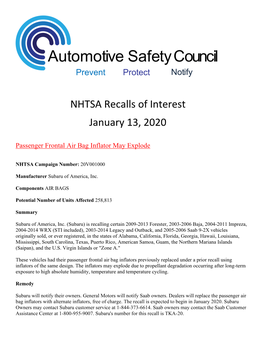 NHTSA Recalls of Interest January 13, 2020